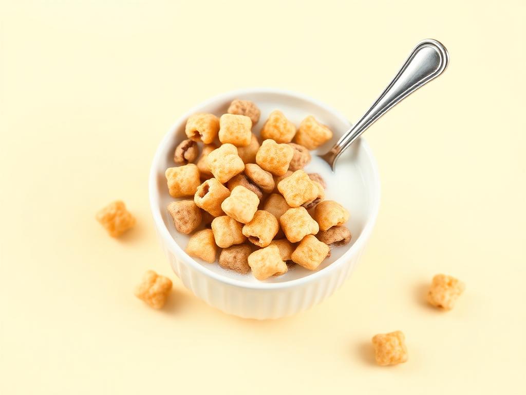 Bowl of multigrain breakfast puff cereal with milk
