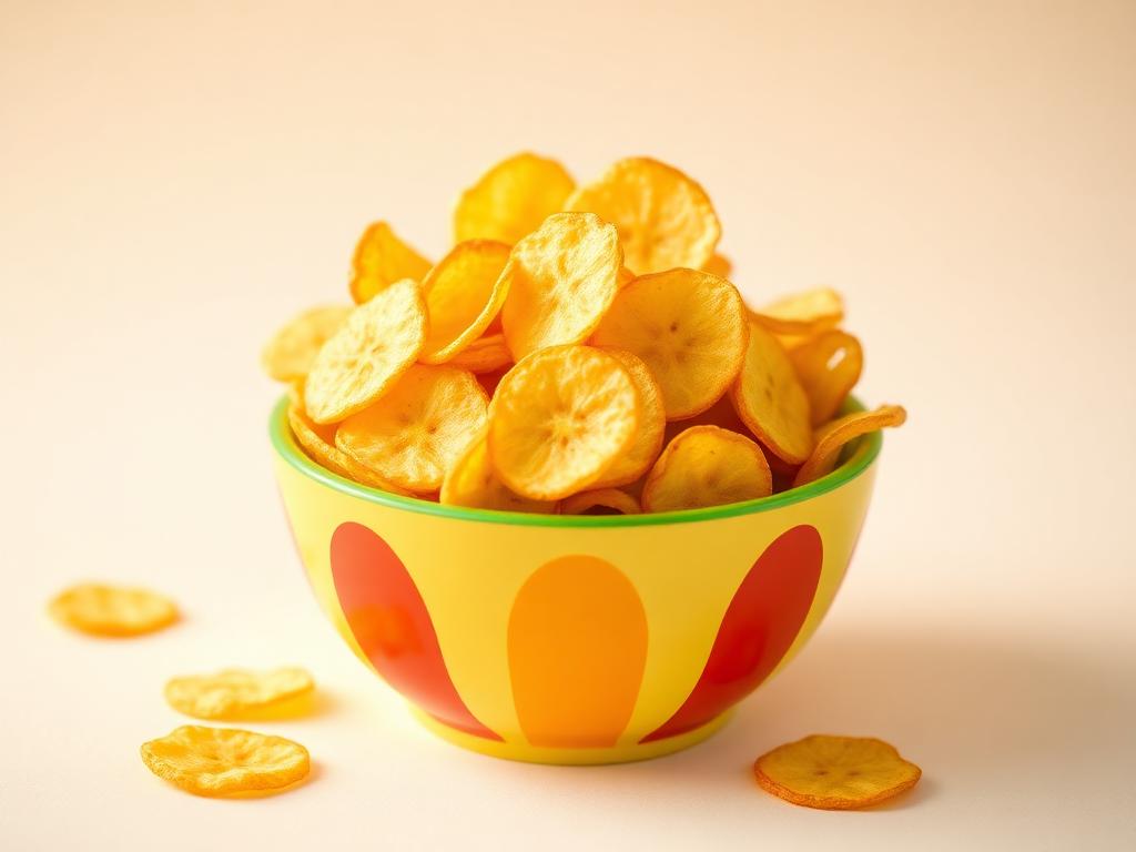 Crispy potato and banana chips in a colourful bowl