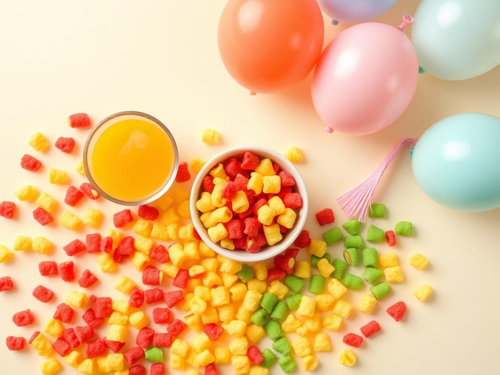 Colourful puffs, chips and juice laid out with party balloons