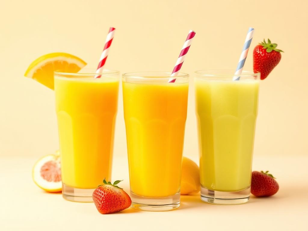 Three glasses of colourful fruit juice with paper straws