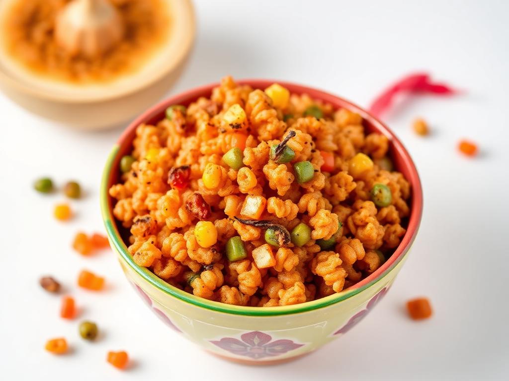 Roasted masala puffed rice snack in a colourful bowl