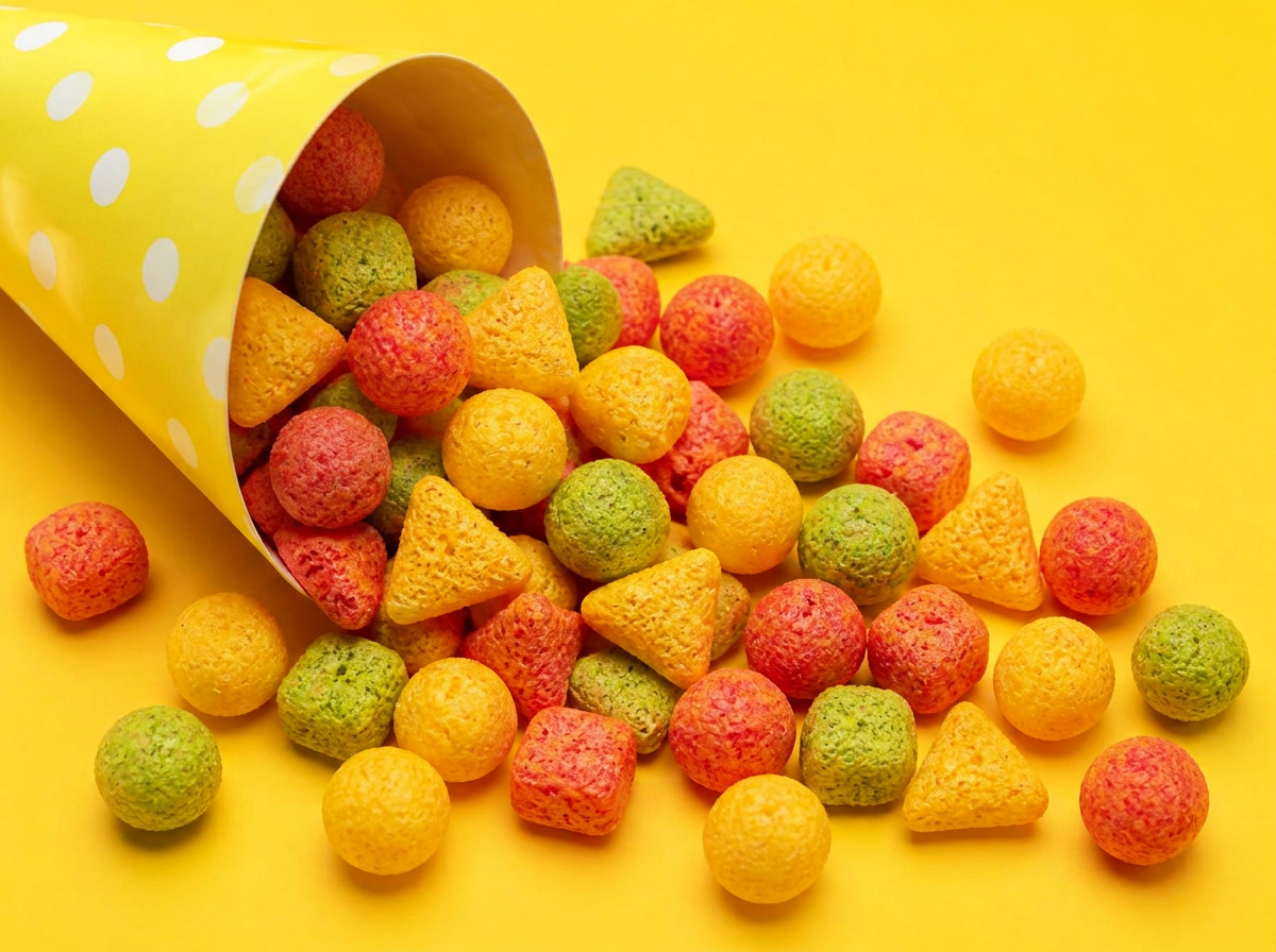 Colourful round, square and triangle puff snacks spilling from a yellow paper cone