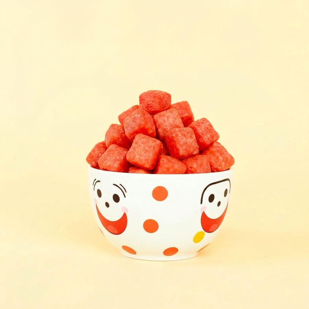 Square Red Puffs in a colourful bowl