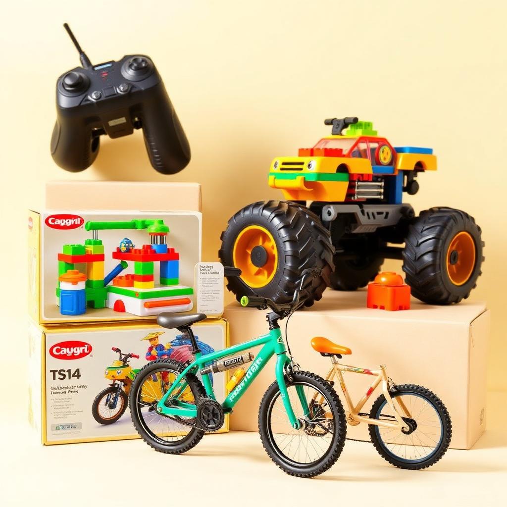 Remote control monster truck, large building playset and a kids bicycle
