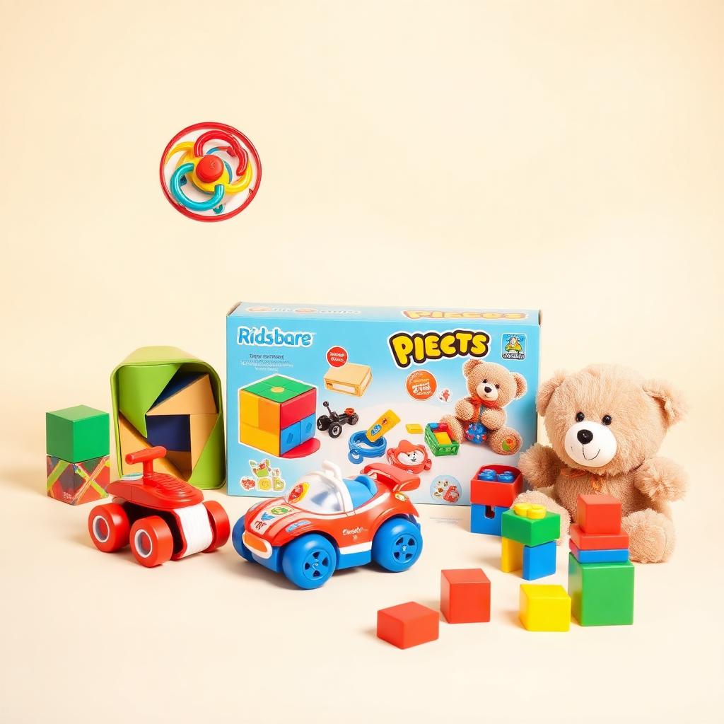 Yo-yo, puzzle cube, pull-back car, board game, teddy bear and building blocks