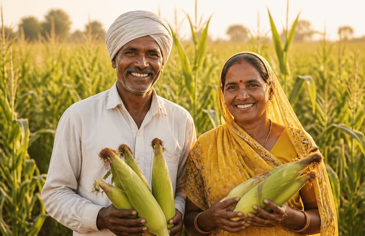 Smiling Indian farmers holding fresh corn in a sunlit field